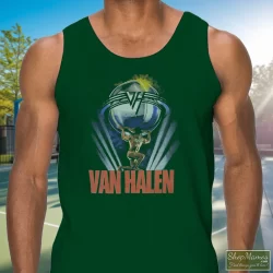 1986 Van Halen 5150 Tour Shirt 8 Men's 1986 Van Halen 5150 Tour Tank Top In Forest Green, Front View On Light Wood Background