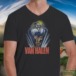 1986 Van Halen 5150 Tour Shirt 5 Men's 1986 Van Halen 5150 Tour V Neck In Black, Front View On Light Wood Background