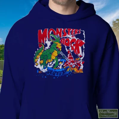Men's 1987 Unique Van Halen Monsters Of Rock Tour Hoodie In Navy, Front View On Light Wood Background