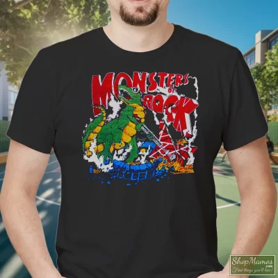 Men's 1987 Unique Van Halen Monsters Of Rock Tour T Shirt In Black, Front View On Light Wood Background