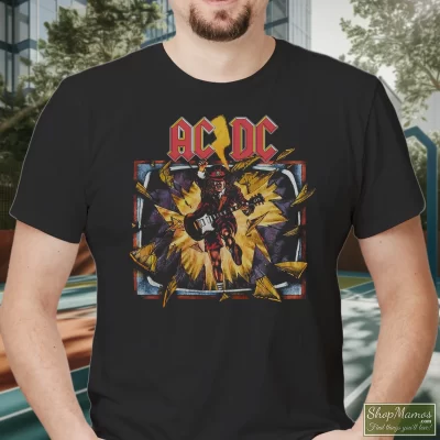 Men's 1988 Acdc Blow Up Your Video World Tour Concert T Shirt In Black, Front View On Light Wood Background