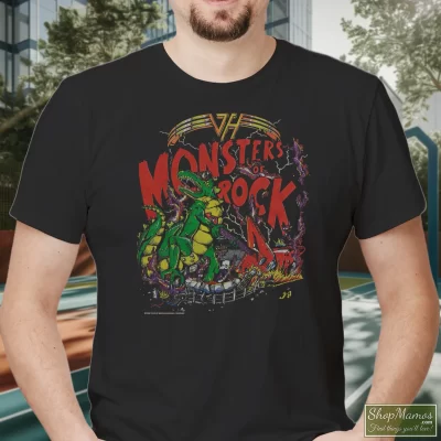 Men's 1988 Van Halen Monsters Of Rock Tour T Shirt In Black, Front View On Light Wood Background
