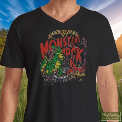 Men's 1988 Van Halen Monsters Of Rock Tour V Neck In Black, Front View On Light Wood Background