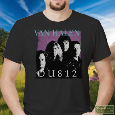 Men's 1988 Van Halen Ou812 Tour T Shirt In Black, Front View On Light Wood Background