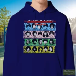 1989 Rolling Stones Some Girls T Shirt 3 Men's 1989 Rolling Stones Some Girls Hoodie In Navy, Front View On Light Wood Background