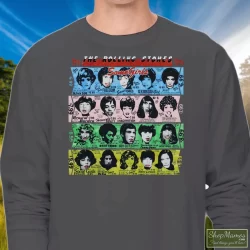 1989 Rolling Stones Some Girls T Shirt 2 Men's 1989 Rolling Stones Some Girls Long Sleeve In Charcoal, Front View On Dark Wood Background