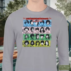 1989 Rolling Stones Some Girls T Shirt 1 Men's 1989 Rolling Stones Some Girls Sweatshirt In Sport Grey, Front View On Dark Wood Background