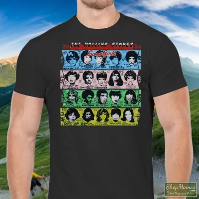 Men's 1989 Rolling Stones Some Girls T Shirt In Black, Front View On Light Wood Background