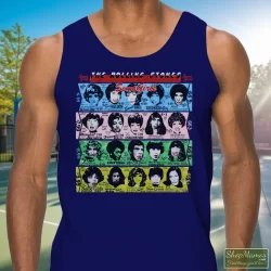 1989 Rolling Stones Some Girls T Shirt 4 Men's 1989 Rolling Stones Some Girls Tank Top In Navy, Front View On Light Wood Background