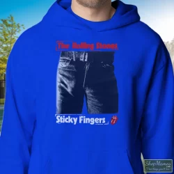 1989 Rolling Stones Steel Wheels Sticky Fingers Shirt 5 Men's 1989 Rolling Stones Steel Wheels Sticky Fingers Hoodie In Royal Blue, Front View On Light Wood Background
