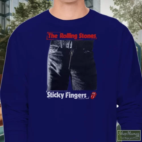 1989 Rolling Stones Steel Wheels Sticky Fingers Men’s Long Sleeve – Navy Front View On Light Wood Background Men's 1989 Rolling Stones Steel Wheels Sticky Fingers Long Sleeve In Navy, Front View On Light Wood Background
