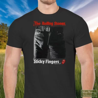 Men's 1989 Rolling Stones Steel Wheels Sticky Fingers T Shirt In Black, Front View On Light Wood Background
