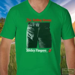 1989 Rolling Stones Steel Wheels Sticky Fingers Shirt 3 Men's 1989 Rolling Stones Steel Wheels Sticky Fingers V Neck In Irish Green, Front View On Light Wood Background