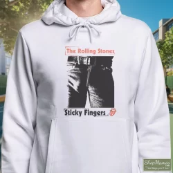 1989 Rolling Stones Steel Wheels Sticky Fingers Shirt White 10 Men's 1989 Rolling Stones Steel Wheels Sticky Fingers White Hoodie In White, Front View On Dark Wood Background