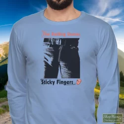 1989 Rolling Stones Steel Wheels Sticky Fingers Shirt White 4 Men's 1989 Rolling Stones Steel Wheels Sticky Fingers White Long Sleeve In Light Blue, Front View On Dark Wood Background