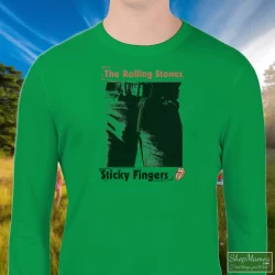 1989 Rolling Stones Steel Wheels Sticky Fingers Shirt White 2 Men's 1989 Rolling Stones Steel Wheels Sticky Fingers White Sweatshirt In Irish Green, Front View On Light Wood Background