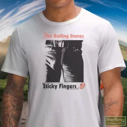 1989 Rolling Stones Steel Wheels Sticky Fingers Shirt White 3 Men's 1989 Rolling Stones Steel Wheels Sticky Fingers White T Shirt In White, Front View On Dark Wood Background