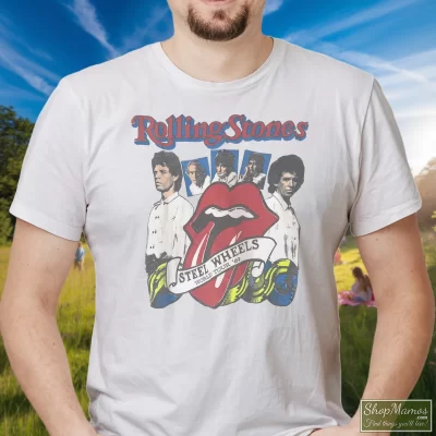 Men's 1989 Rolling Stones Steel Wheels Tour Band Rock 80s 1980s T Shirt In White, Front View On Dark Wood Background