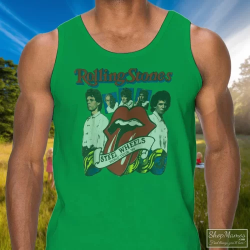 1989 Rolling Stones Steel Wheels Tour Band Rock 80s 1980s Men’s Tank Top – Irish Green Front View On Light Wood Background Men's 1989 Rolling Stones Steel Wheels Tour Band Rock 80s 1980s Tank Top In Irish Green, Front View On Light Wood Background