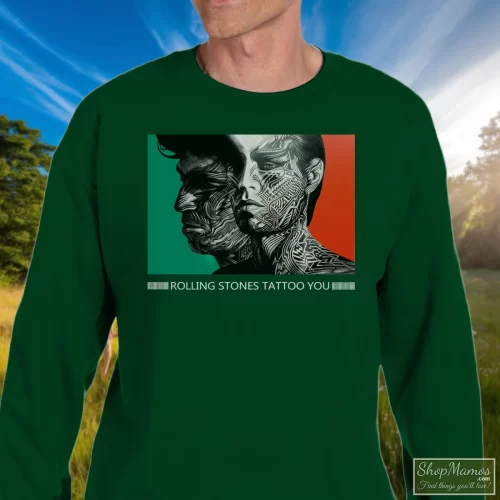 1989 Rolling Stones Tattoo You Tour Men’s Sweatshirt – Forest Green Front View On Light Wood Background Men's 1989 Rolling Stones Tattoo You Tour Sweatshirt In Forest Green, Front View On Light Wood Background