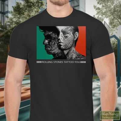 Men's 1989 Rolling Stones Tattoo You Tour T Shirt In Black, Front View On Light Wood Background