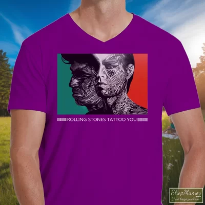 Men's 1989 Rolling Stones Tattoo You Tour V Neck In Purple, Front View On Light Wood Background