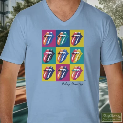 Men's 1989 The Rolling Stones Warhol North American Tour V Neck In Light Blue, Front View On Dark Wood Background