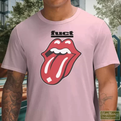 Men's 1990 Fuct Skateboard Rolling Stones Black T Shirt In Light Pink, Front View On Dark Wood Background