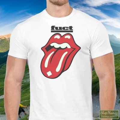 Men's 1990 Fuct Skateboard Rolling Stones White T Shirt In White, Front View On Dark Wood Background