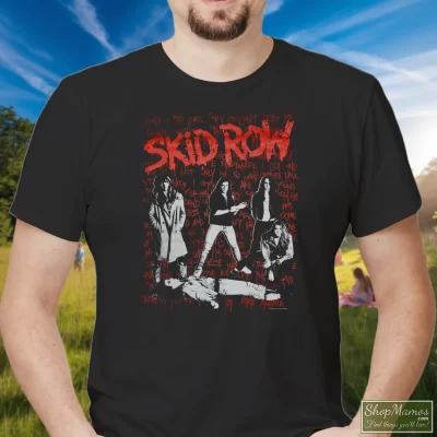 Men's 1990 Skid Row I Survived Tour Concert Promo Album 80s T Shirt In Black, Front View On Light Wood Background