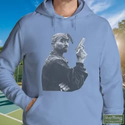 1990s Tupac Shakur Gun Shirt 6 Men's 1990s Tupac Shakur Gun Hoodie In Light Blue, Front View On Dark Wood Background