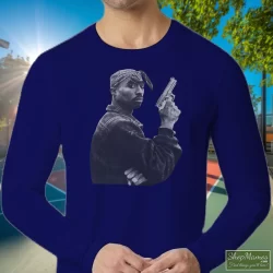 1990s Tupac Shakur Gun Shirt 2 Men's 1990s Tupac Shakur Gun Long Sleeve In Navy, Front View On Light Wood Background