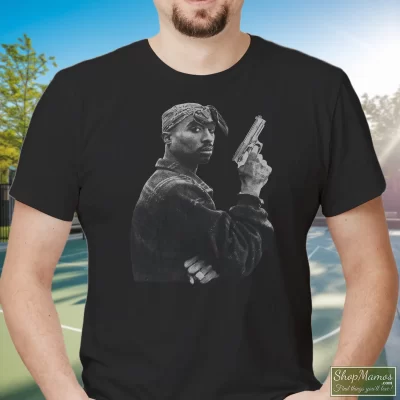 Men's 1990s Tupac Shakur Gun T Shirt In Black, Front View On Light Wood Background