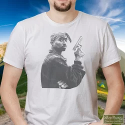 1990s Tupac Shakur Gun Shirt 4 Men's 1990s Tupac Shakur Gun T Shirt In White, Front View On Dark Wood Background