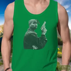 1990s Tupac Shakur Gun Shirt 7 Men's 1990s Tupac Shakur Gun Tank Top In Irish Green, Front View On Light Wood Background