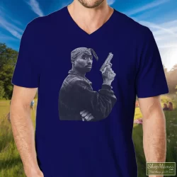 1990s Tupac Shakur Gun Shirt 8 Men's 1990s Tupac Shakur Gun V Neck In Navy, Front View On Light Wood Background