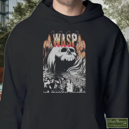 1990s Wasp Heavy Metal Scorpions Iron Maiden Acdc Motley Crue Men’s Hoodie – Black Front View On Light Wood Background Men's 1990s Wasp Heavy Metal Scorpions Iron Maiden Acdc Motley Crue Hoodie In Black, Front View On Light Wood Background