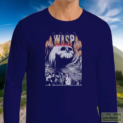 Men's 1990s Wasp Heavy Metal Scorpions Iron Maiden Acdc Motley Crue Long Sleeve In Navy, Front View On Light Wood Background