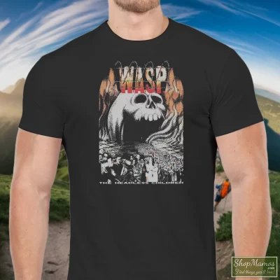 Men's 1990s Wasp Heavy Metal Scorpions Iron Maiden Acdc Motley Crue T Shirt In Black, Front View On Light Wood Background