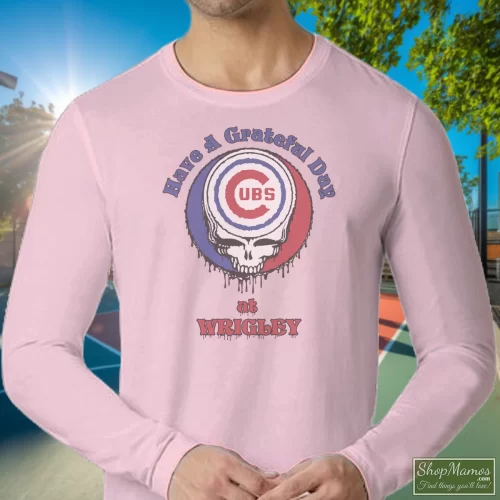 1991 Grateful Dead At Wrigley Chicago Cubs Concert Tour Rock Music Men’s Long Sleeve – Light Pink Front View On Dark Wood Background Men's 1991 Grateful Dead At Wrigley Chicago Cubs Concert Tour Rock Music Long Sleeve In Light Pink, Front View On Dark Wood Background