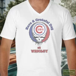 Men's 1991 Grateful Dead At Wrigley Chicago Cubs Concert Tour Rock Music V Neck In White, Front View On Dark Wood Background