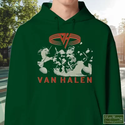 Men's 1991 Van Halen Fuck N Live Vintage Tour Hoodie In Forest Green, Front View On Light Wood Background