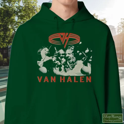1991 Van Halen Fuck N Live Vintage Tour Men’s Hoodie – Forest Green Front View On Light Wood Background Men's 1991 Van Halen Fuck N Live Vintage Tour Hoodie In Forest Green, Front View On Light Wood Background