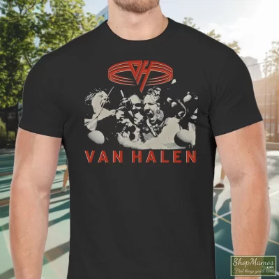 Men's 1991 Van Halen Fuck N Live Vintage Tour T Shirt In Black, Front View On Light Wood Background