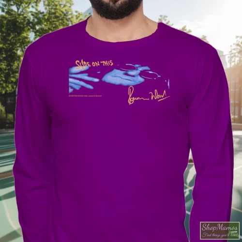 1992 Ron Wood The Rolling Stones Vintage Solo Concert Rock Men’s Long Sleeve – Purple Front View On Light Wood Background Men's 1992 Ron Wood The Rolling Stones Vintage Solo Concert Rock Long Sleeve In Purple, Front View On Light Wood Background