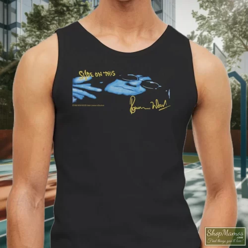 1992 Ron Wood The Rolling Stones Vintage Solo Concert Rock Men’s Tank Top – Black Front View On Light Wood Background Men's 1992 Ron Wood The Rolling Stones Vintage Solo Concert Rock Tank Top In Black, Front View On Light Wood Background