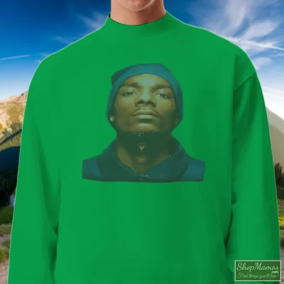 Men's 1993 Snoop Dogg Beware Of Dogg Death Row Records For Rap Fans Sweatshirt In Irish Green, Front View On Light Wood Background