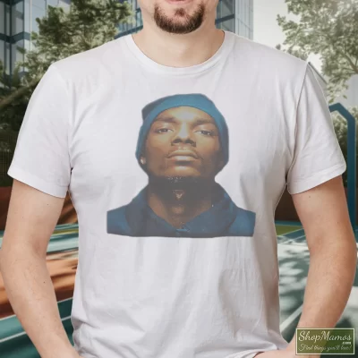 Men's 1993 Snoop Dogg Beware Of Dogg Death Row Records For Rap Fans T Shirt In White, Front View On Dark Wood Background