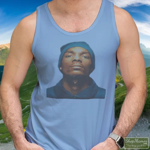 1993 Snoop Dogg Beware Of Dogg Death Row Records For Rap Fans Men’s Tank Top – Light Blue Front View On Dark Wood Background Men's 1993 Snoop Dogg Beware Of Dogg Death Row Records For Rap Fans Tank Top In Light Blue, Front View On Dark Wood Background