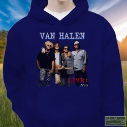 1993 Van Halen Tour Shirt 6 Men's 1993 Van Halen Tour Hoodie In Navy, Front View On Light Wood Background